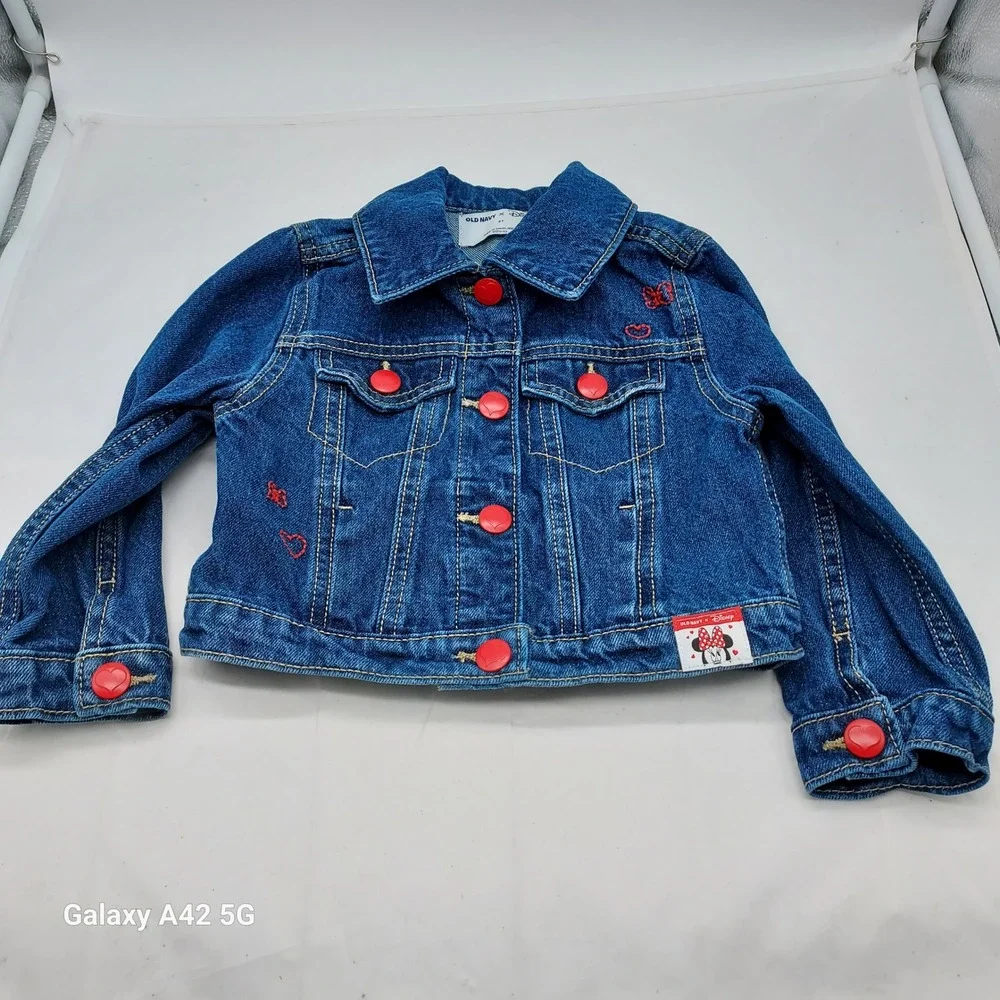 Old Navy Disney Minnie Mouse Denim Jacket Girls 3T Blue Red Heart Buttons 843805